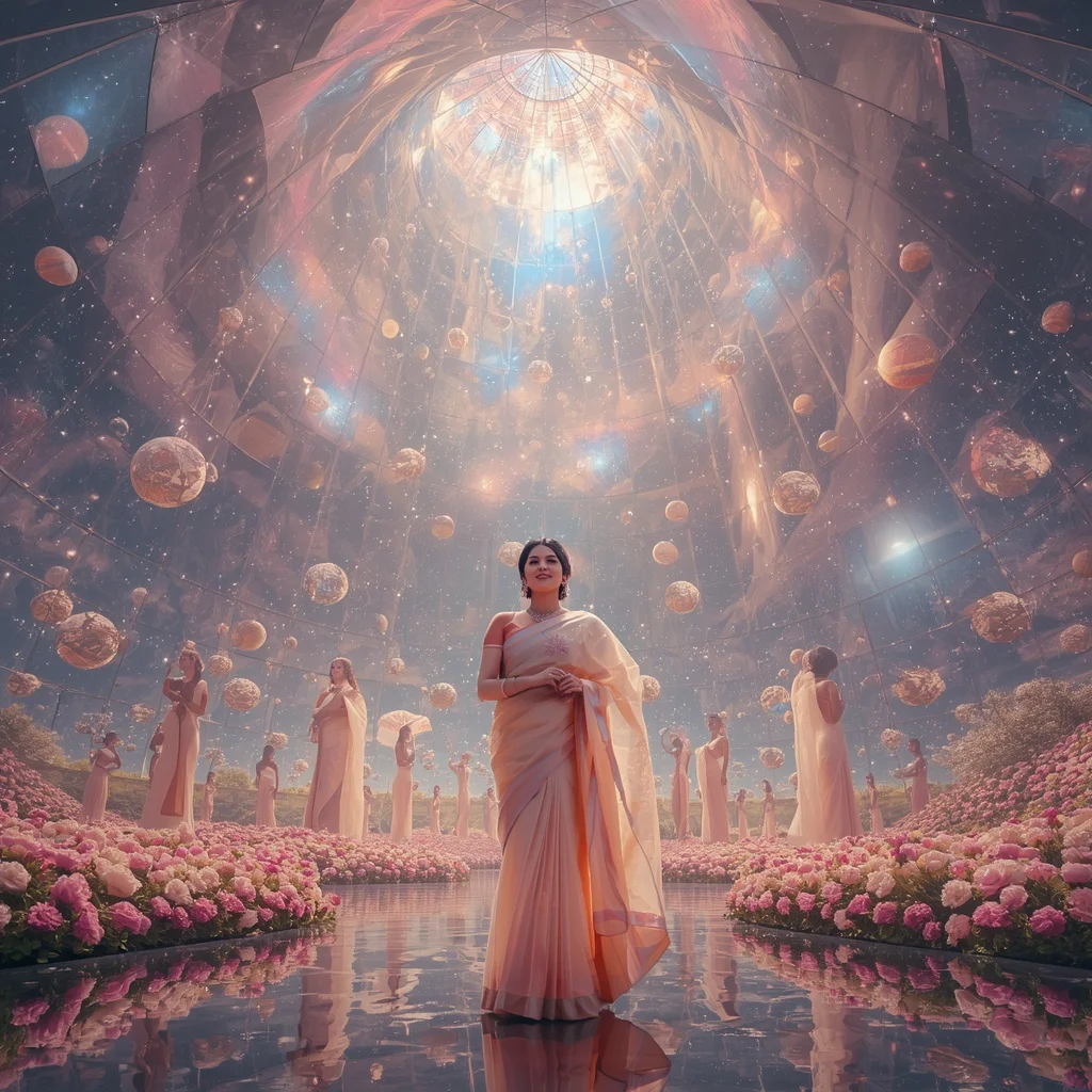 Festive Pastel Saree Infinite Crystal Multiverse Dome Collage Premium Cinematic | prompt for saree look for girl in english - Top 10 Modern Teen Saree AI Prompts for University Art Studios AI Prompt