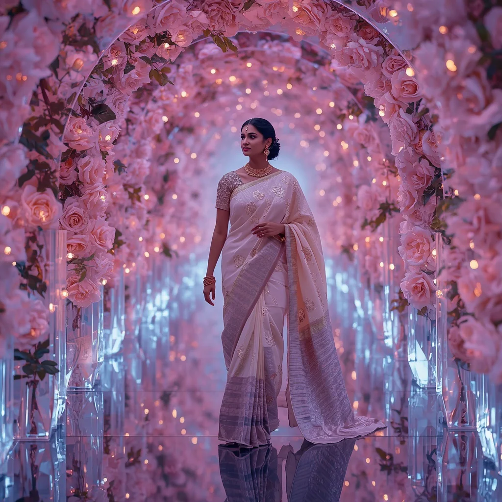 Festive Pastel Saree Infinite Sapphire Crystal Rose Corridor Collage Premium Editorial | black saree prompt for chatgpt - Glamorous Organza Ruffle Saree AI Prompts for High Fashion Events AI Prompt