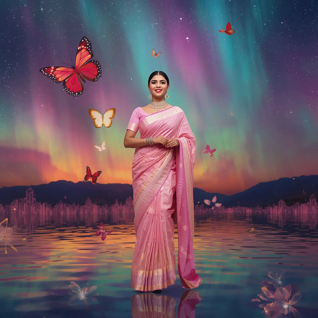 Festive Pastel Saree Infinity Aurora Butterfly Crystal Valley Collage Premium Fashion | trending saree gemini prompt instagram - Glamorous Organza Ruffle Saree AI Prompts for High Fashion Events AI Prompt
