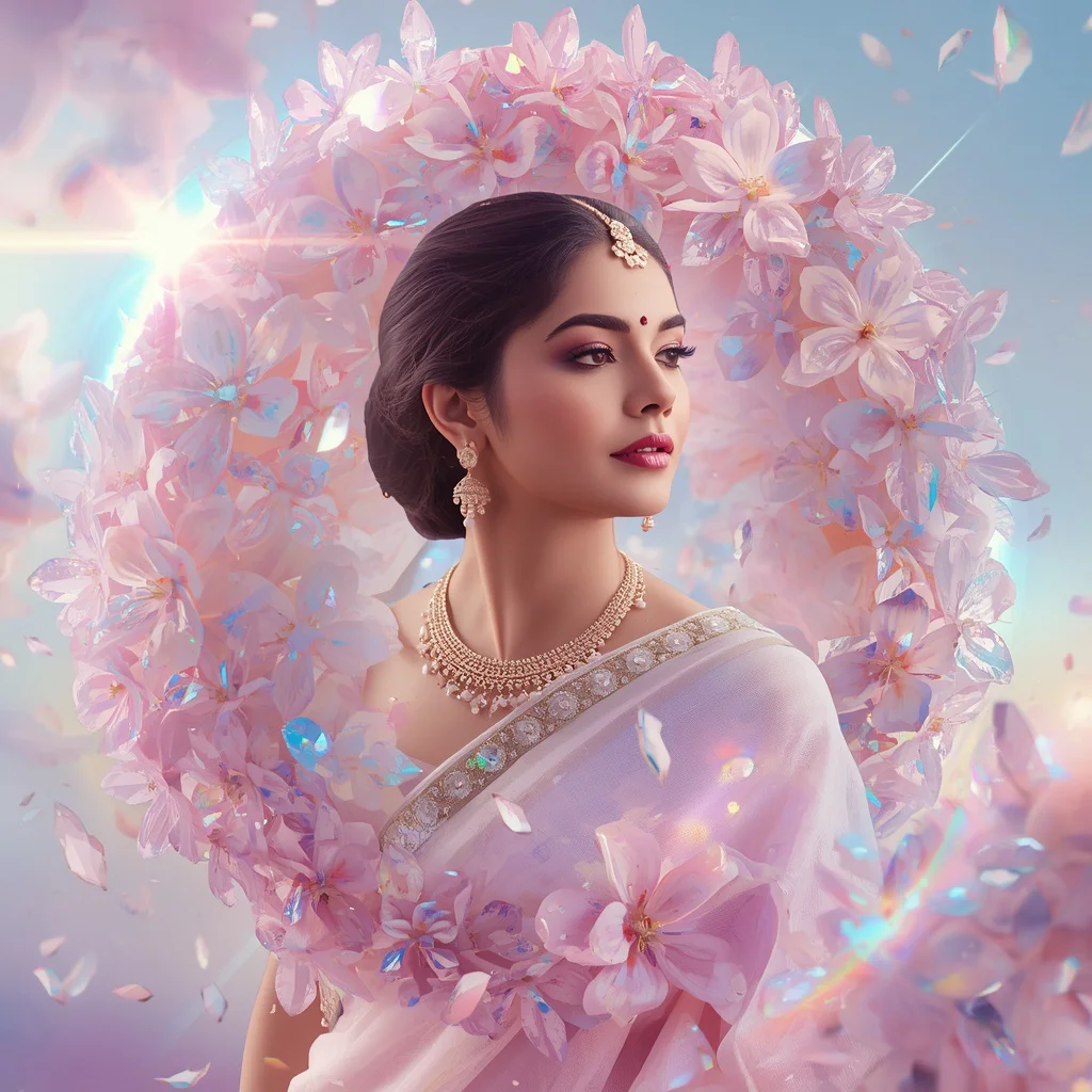 Festive Pastel Saree Infinity Crystal Bloom Sphere Collage Luxury Cinematic | prompt for traditional look for girl chatgpt instagram - New 10 Playful Young Girl Saree AI Prompts for Outdoor Sports Day AI Prompt