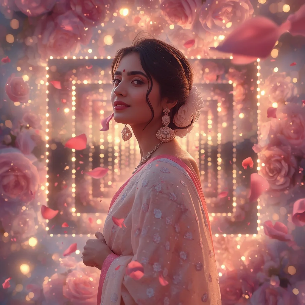 Festive Pastel Saree Layered Aurora Rose Dimensions Collage Cinematic | prompt seen trending girl photo - Top 10 Modern Teen Saree AI Prompts for University Art Studios AI Prompt