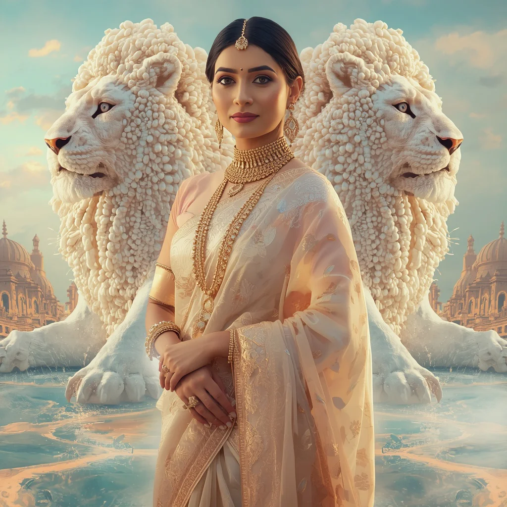Festive Pastel Saree Liquid Pearl Lion Kingdom Collage Prompt | instagram trending prompt copy and paste - Traditional Chanderi Silk Saree AI Image Prompts for Regal Grace AI Prompt