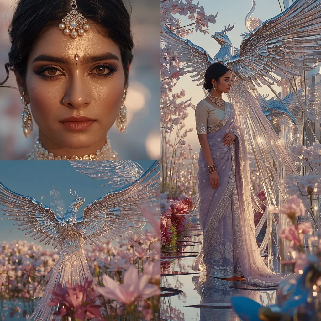 Festive Pastel Saree Mirror Phoenix Crystal Garden Collage Prompt | traditional saree prompt pdf - Modern Printed Linen Saree AI Prompts for Everyday Chic AI Prompt