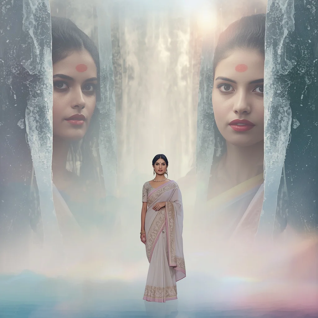Festive Pastel Saree Mist Crystal Waterfalls Collage Dream Cinematic | prompt seen girl ai photo editing - Best 10 Artistic Child Saree AI Prompts for Abstract Expressionist Art AI Prompt