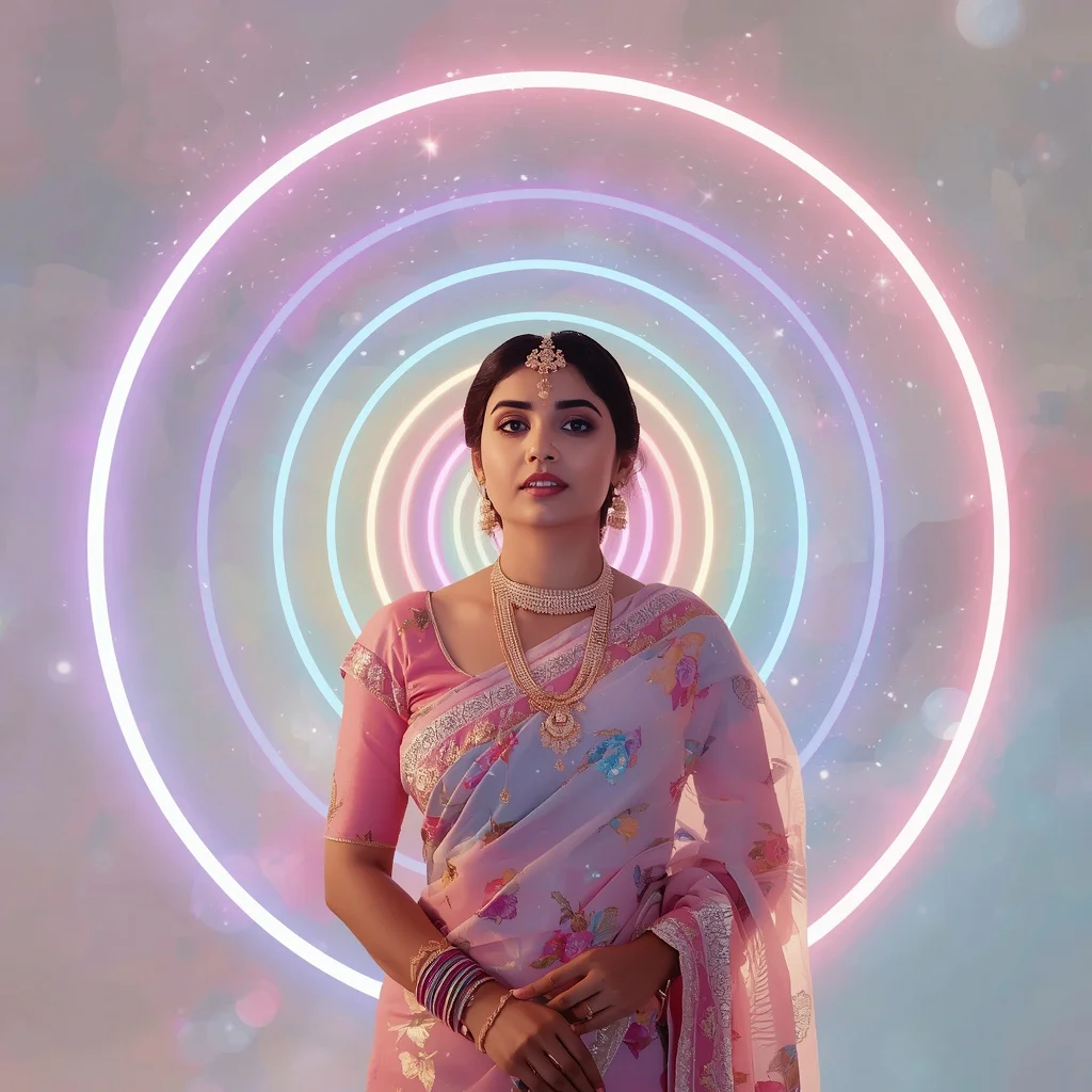 Festive Pastel Saree Neon Galaxy Ribbon Halo Collage Modern Cinematic | chatgpt prompt for photo editing trending - New 10 Playful Young Girl Saree AI Prompts for Outdoor Sports Day AI Prompt