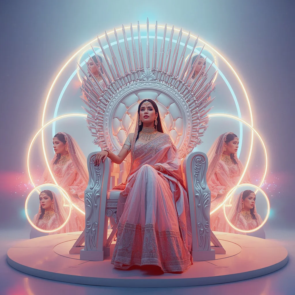 Festive Pastel Saree Neon Orbit Throne Collage Modern Cinematic | prompt for ai image generator for social media - Best 10 Artistic Child Saree AI Prompts for Abstract Expressionist Art AI Prompt