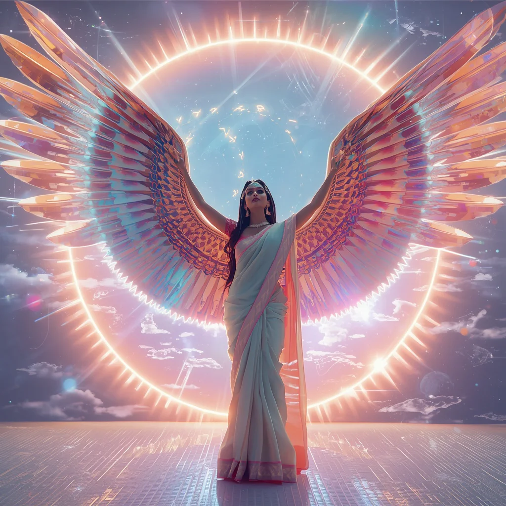 Festive Pastel Saree Neon Solar Wings Collage Modern Cinematic | beautiful saree girl ai prompt - New 10 Traditional Young Girl Saree AI Prompts for Cultural Storytelling AI Prompt