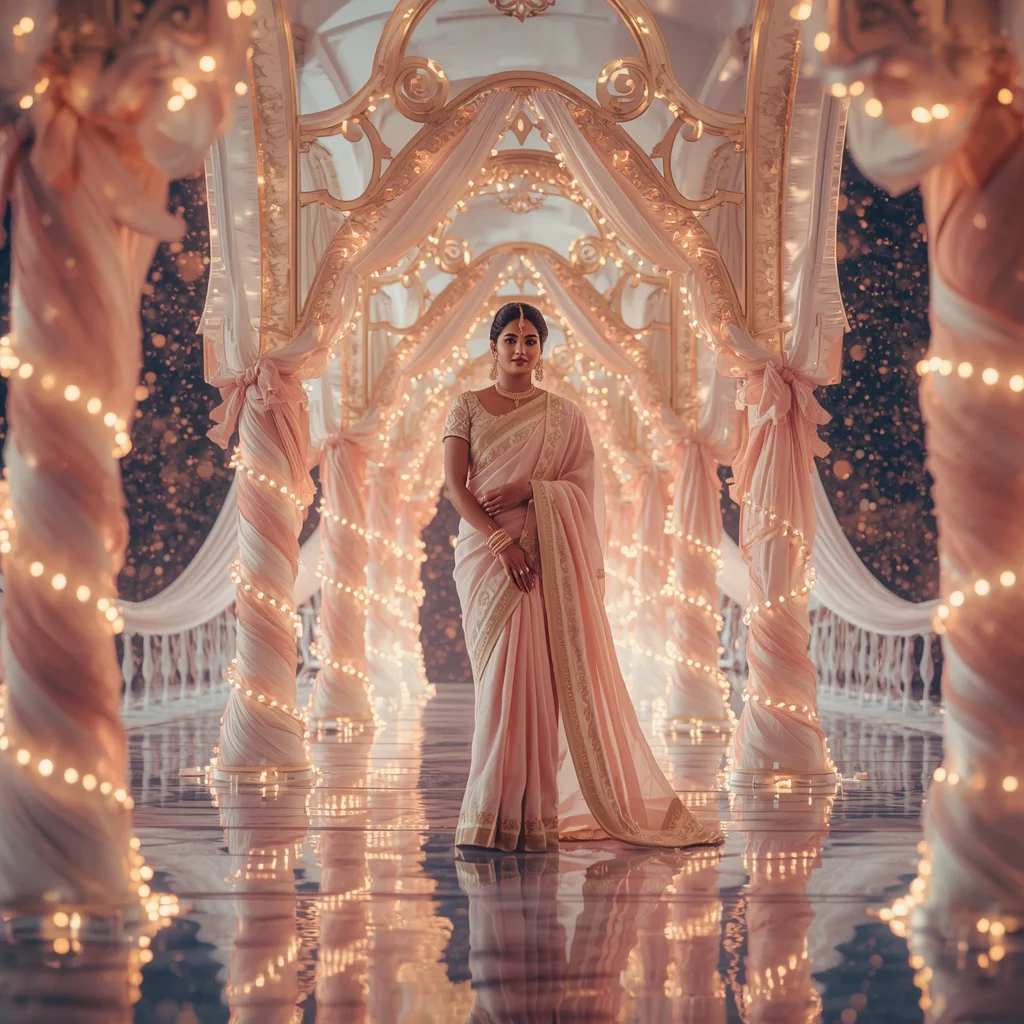 Festive Pastel Saree Pearl Aurora Pavilion Collage Premium Cinematic | Indian traditional saree prompt for wedding - Best 10 Artistic Child Saree AI Prompts for Abstract Expressionist Art AI Prompt