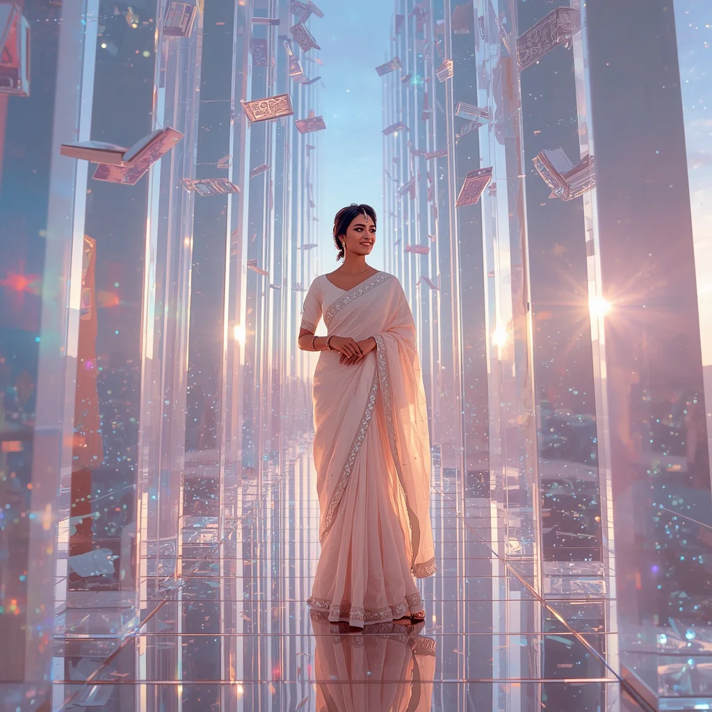 Festive Pastel Saree Prism Celestial Library Collage Luxury Cinematic | prompt for saree look for girl in english - Top 10 Modern Teen Saree AI Prompts for University Art Studios AI Prompt
