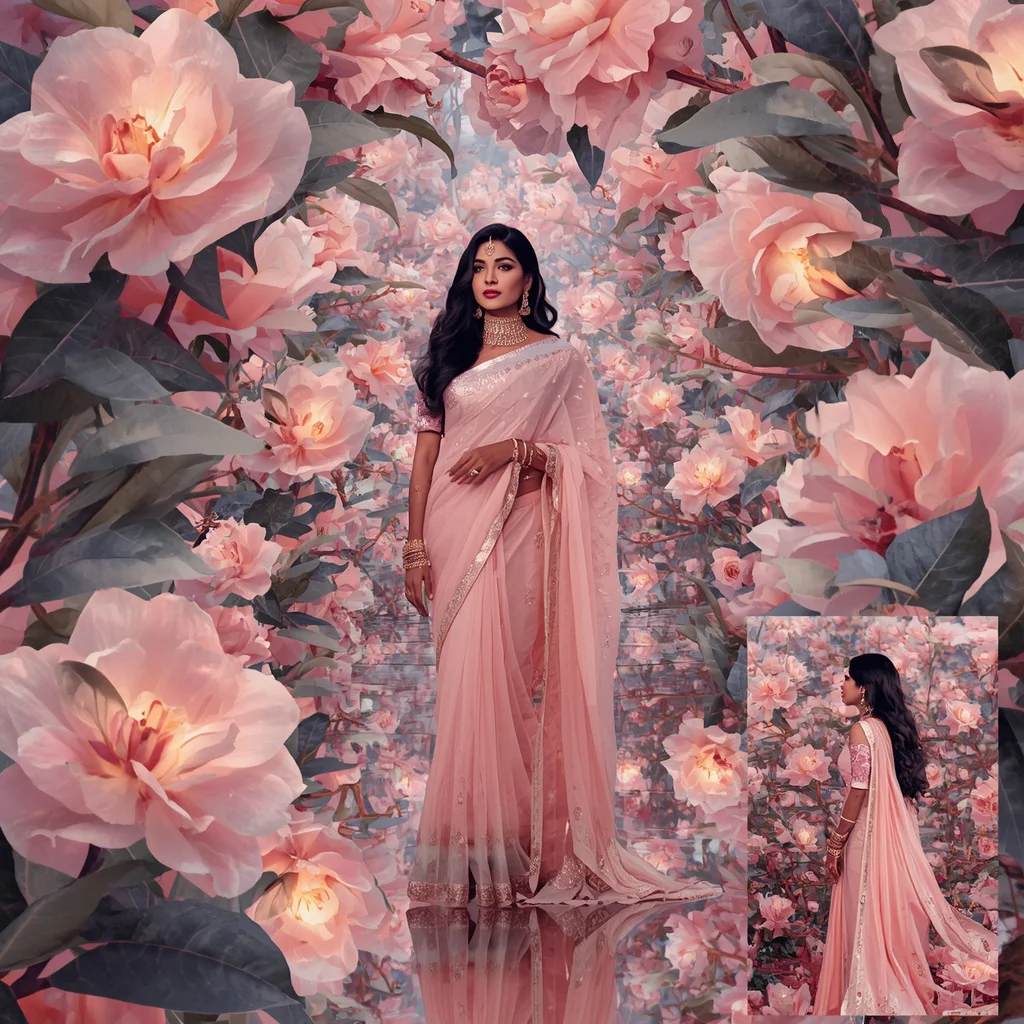 Festive Pastel Saree Prism Crystal Camellia Kingdom Collage Premium Editorial | prompt for gemini girl attitude - Traditional Muga Silk Saree AI Image Prompts for Assamese Grandeur AI Prompt