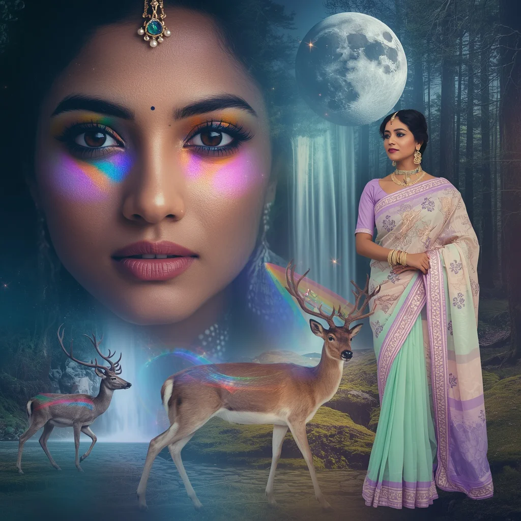 Festive Pastel Saree Prism Deer Moonfall Forest Collage Prompt | kurti prompt for girl - Traditional Chanderi Silk Saree AI Image Prompts for Regal Grace AI Prompt