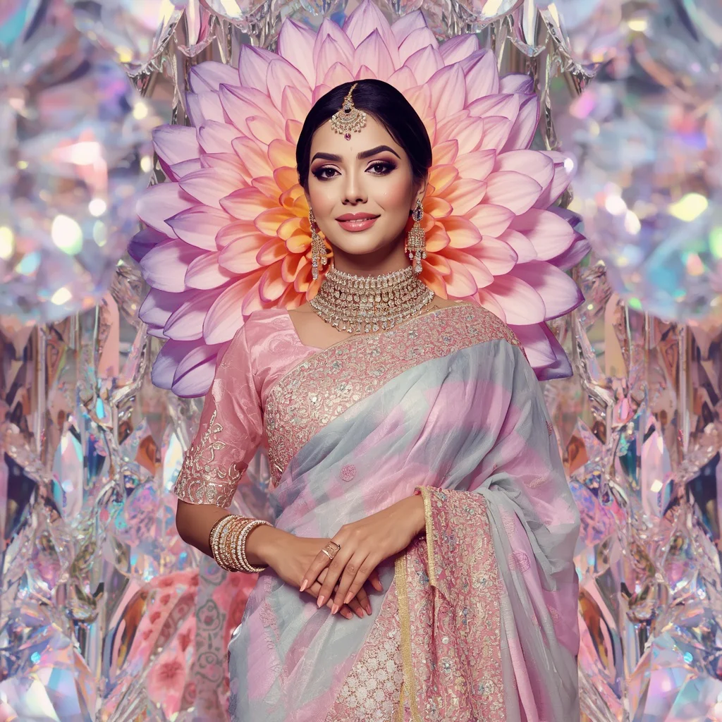 Festive Pastel Saree Prism Diamond Dahlia Palace Collage Luxury Couture | viral peacock saree prompt - Glamorous Organza Ruffle Saree AI Prompts for High Fashion Events AI Prompt