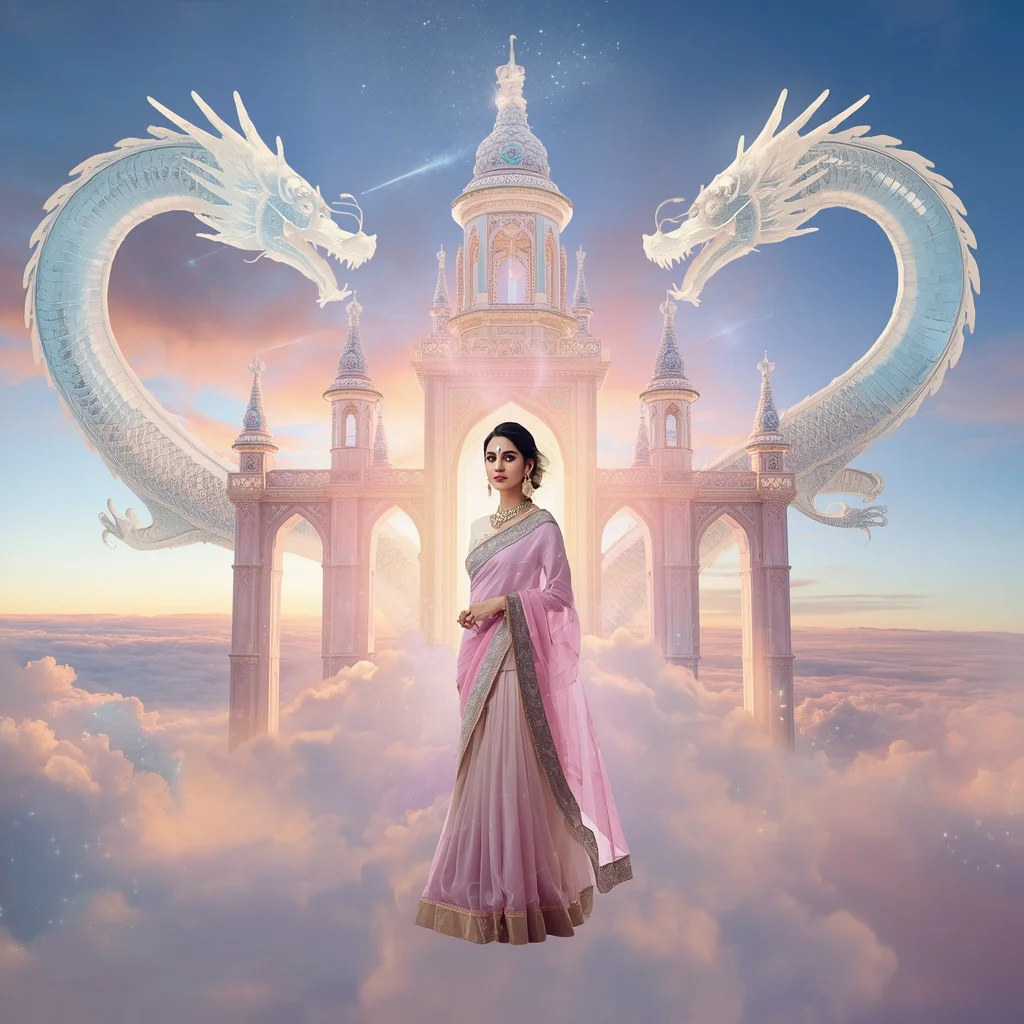 Festive Pastel Saree Royal Crystal Dragon Palace Above The Clouds Collage Premium Couture | ai photo prompt for girls college - Top 10 Modern Teen Saree AI Prompts for University Art Studios AI Prompt