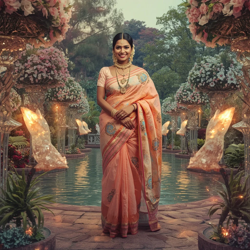 Festive Pastel Saree Royal Crystal Firebird Garden Collage Premium Couture | prompt for gemini ai girl in saree 2026 - Traditional Muga Silk Saree AI Image Prompts for Assamese Grandeur AI Prompt