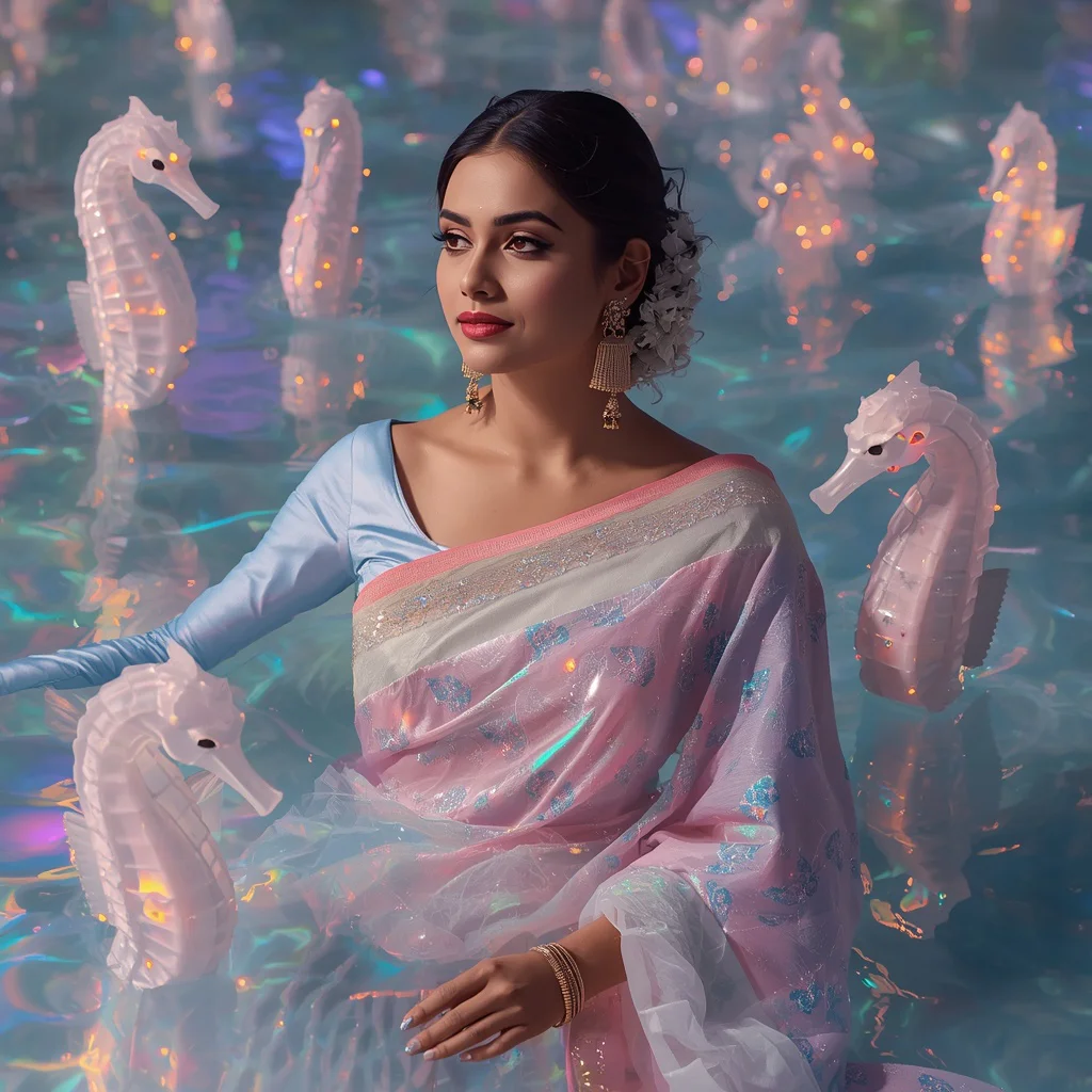 Festive Pastel Saree Royal Crystal Seahorse Lagoon Collage Premium Fashion | ai prompt text to image - Glamorous Organza Ruffle Saree AI Prompts for High Fashion Events AI Prompt