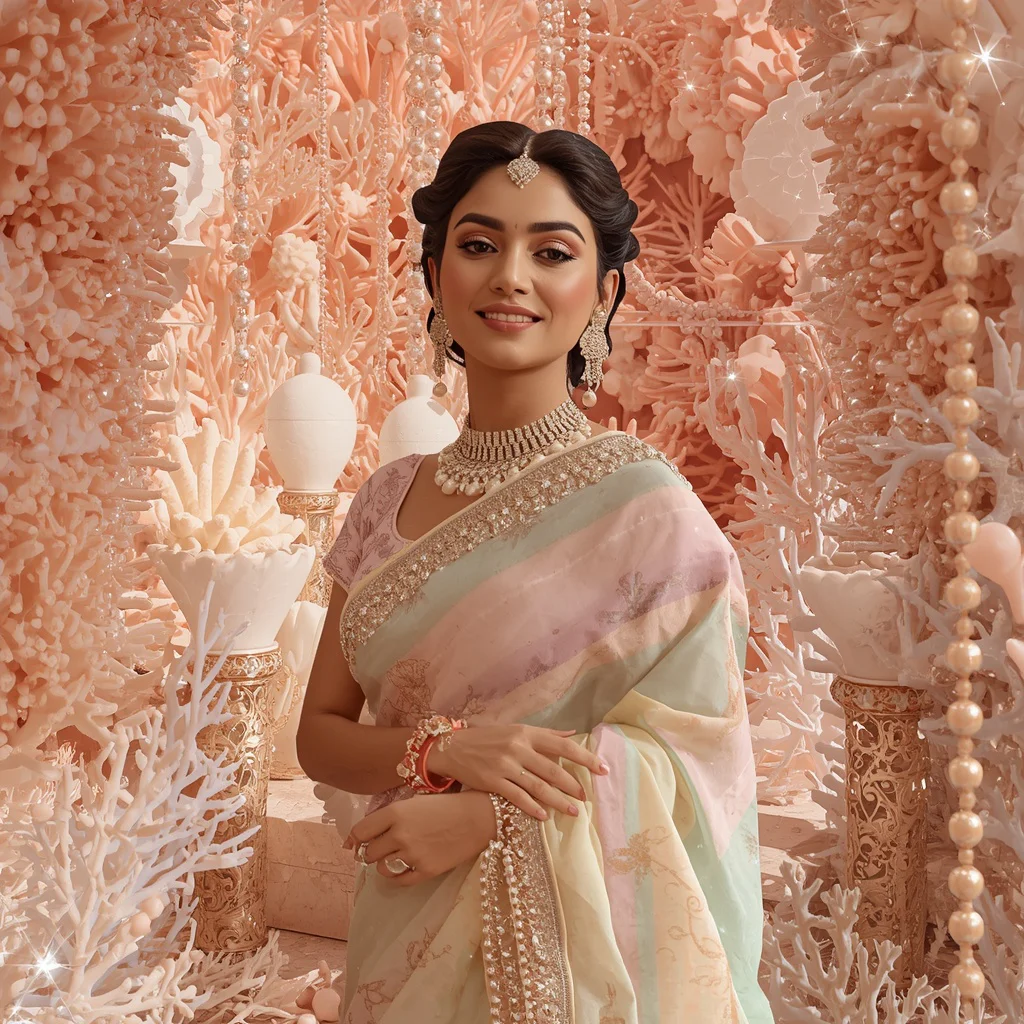 Festive Pastel Saree Royal Pearl Crystal Coral Palace Collage Luxury Couture | saree photoshoot ai prompt - Traditional Muga Silk Saree AI Image Prompts for Assamese Grandeur AI Prompt