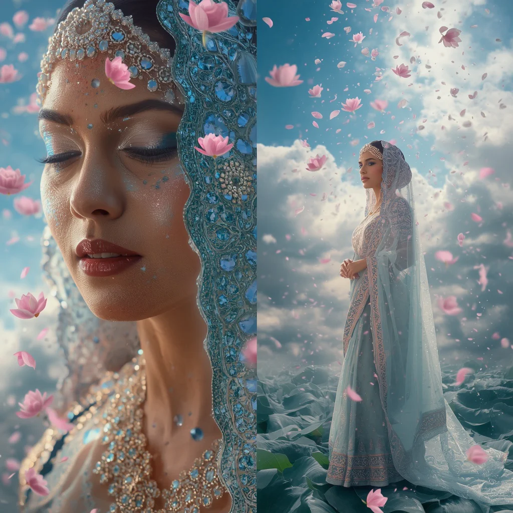 Festive Pastel Saree Sapphire Lotus Skyfall Realm Collage Prompt | ai new prompt generator - Traditional Chanderi Silk Saree AI Image Prompts for Regal Grace AI Prompt
