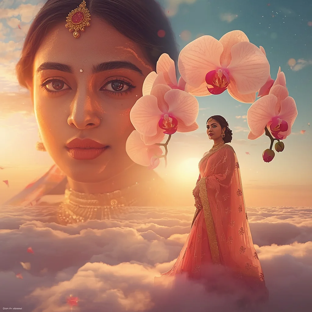 Festive Pastel Saree Solar Orchid Cloud Empire Collage Prompt | prompt seen gemini girl instagram - Traditional Chanderi Silk Saree AI Image Prompts for Regal Grace AI Prompt