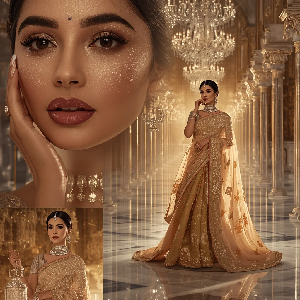 Festive Saree Crystal Palace Queen Pose Collage | Diamond Heritage Prompt | ai prompt examples - Traditional Chanderi Silk Saree AI Image Prompts for Regal Grace AI Prompt