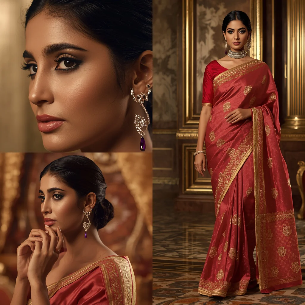 Festive Saree Designer Silk Editorial Collage | Luxury Fashion Prompt | prompt perfect - Glamorous Net Embroidered Saree AI Prompts for Sparkling Occasions AI Prompt