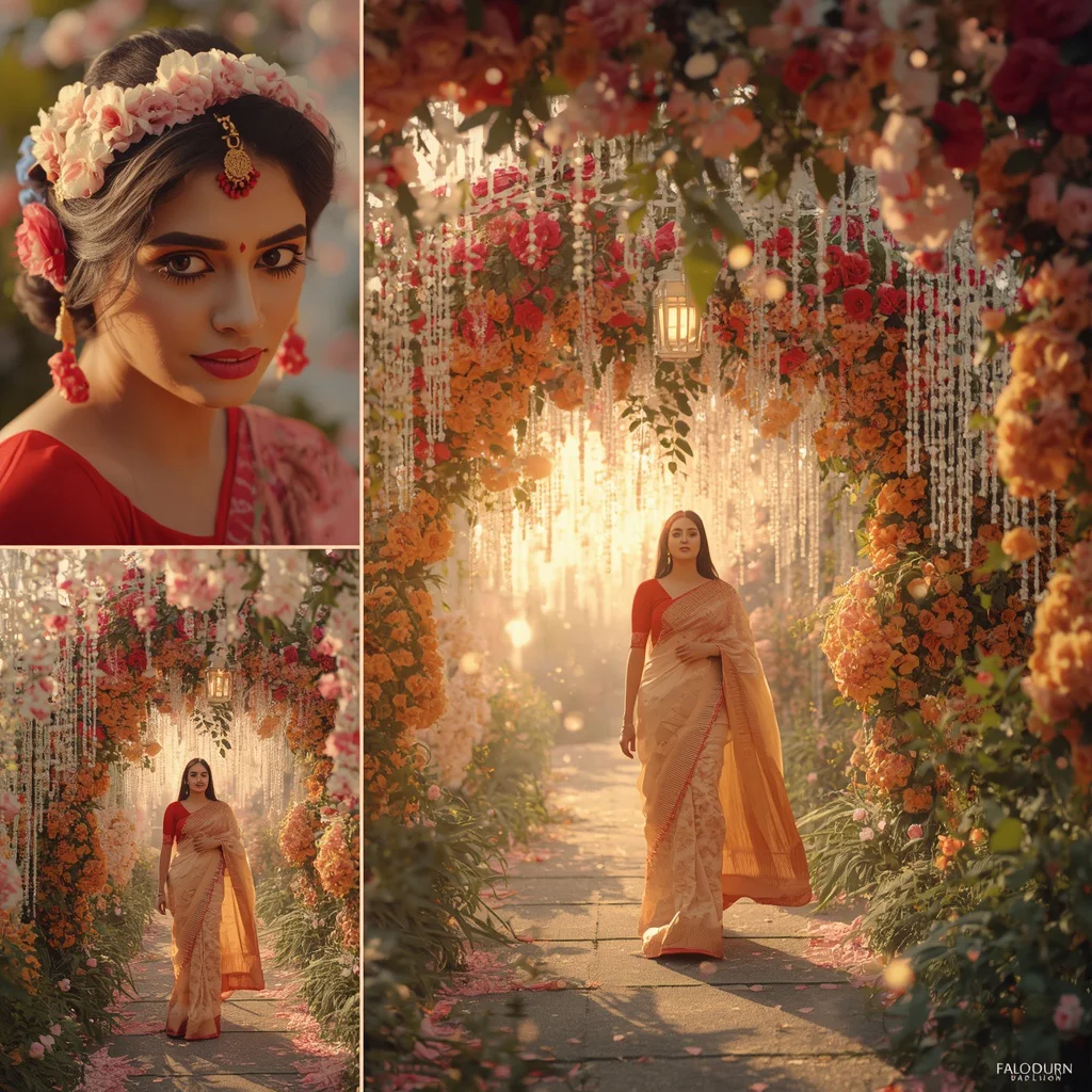 Festive Saree Floral Canopy Walk Collage | Garden Festival Prompt | gemini ai purple saree prompt - Glamorous Net Embroidered Saree AI Prompts for Sparkling Occasions AI Prompt