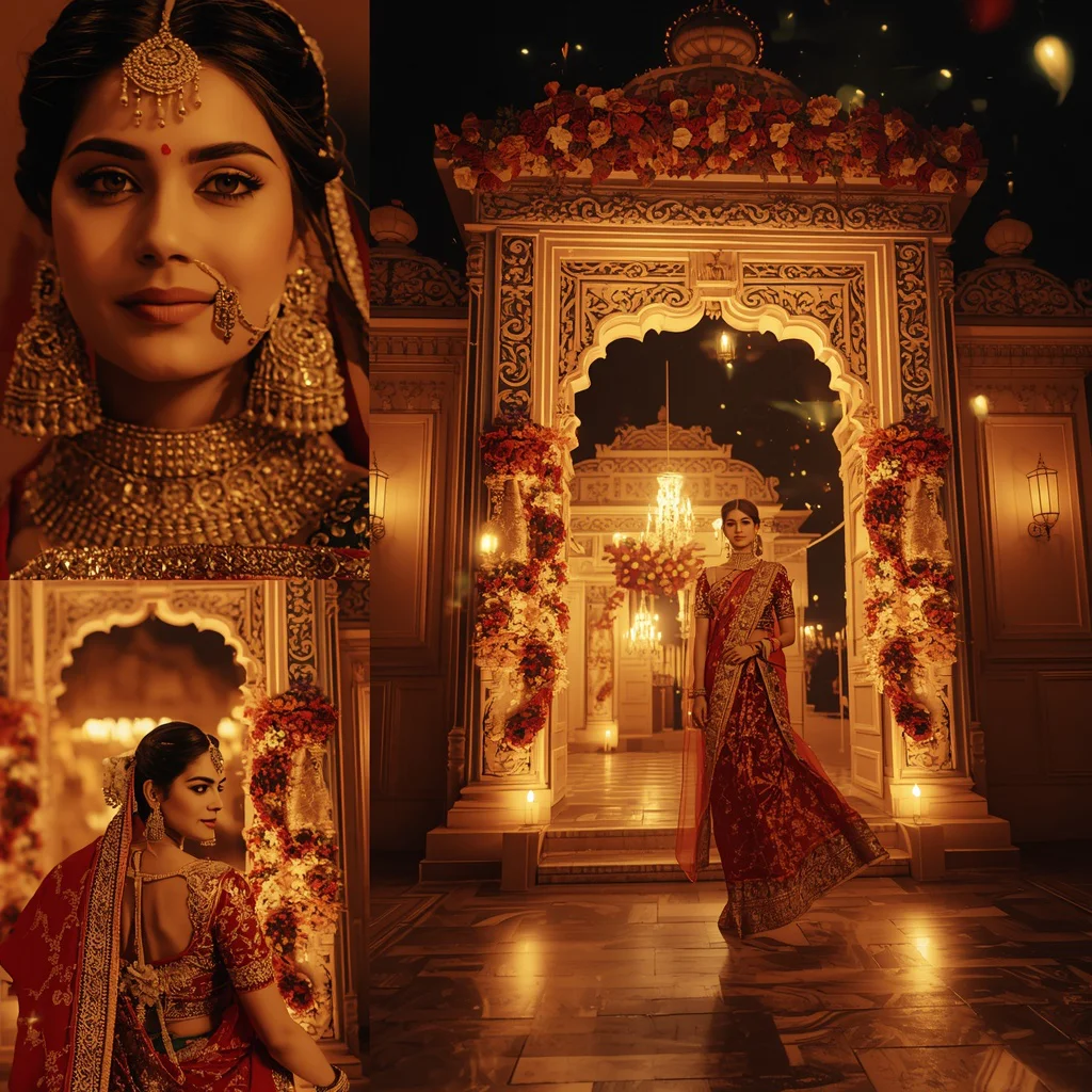 Festive Saree Grand Festival Gate Entry Collage | Celebration Arrival Prompt | instagram trending purple saree prompt - Glamorous Net Embroidered Saree AI Prompts for Sparkling Occasions AI Prompt