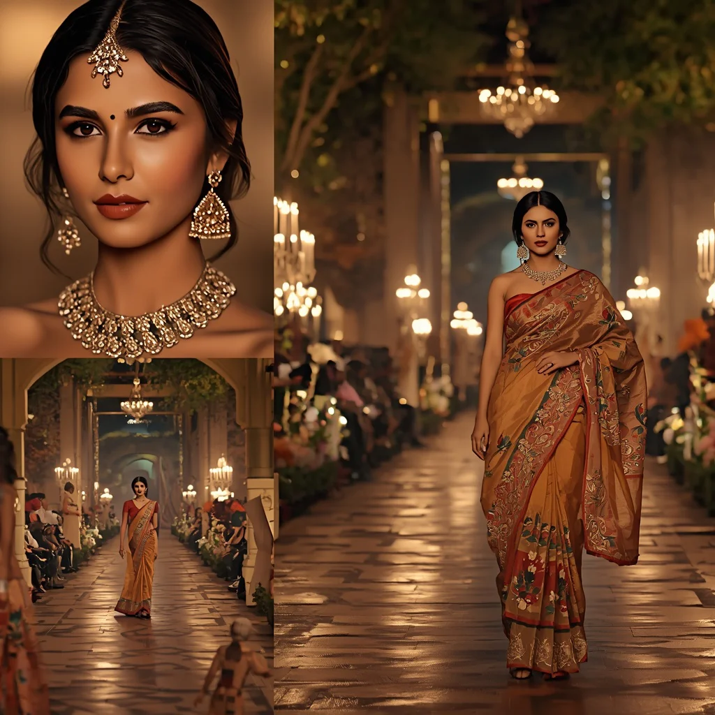 Festive Saree Luxury Courtyard Runway Collage | Festival Fashion Week Prompt | cute prompt for girls in saree for instagram - Glamorous Net Embroidered Saree AI Prompts for Sparkling Occasions AI Prompt