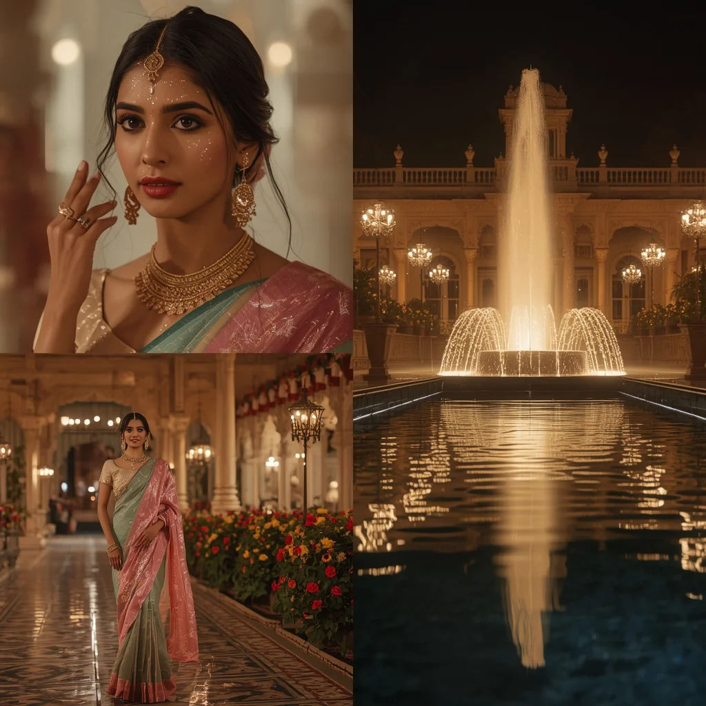 Festive Saree Palace Fountain Queen Pose Collage | Royal Reflection Prompt | new prompt chatgpt - Glamorous Net Embroidered Saree AI Prompts for Sparkling Occasions AI Prompt