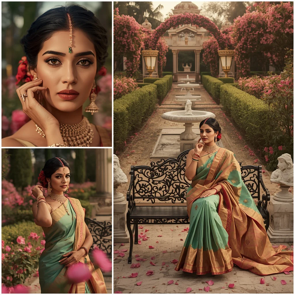 Festive Saree Royal Garden Bench Portrait Collage | Elegant Heritage Prompt | prompt for gemini ai girl style trending instagram - Glamorous Net Embroidered Saree AI Prompts for Sparkling Occasions AI Prompt