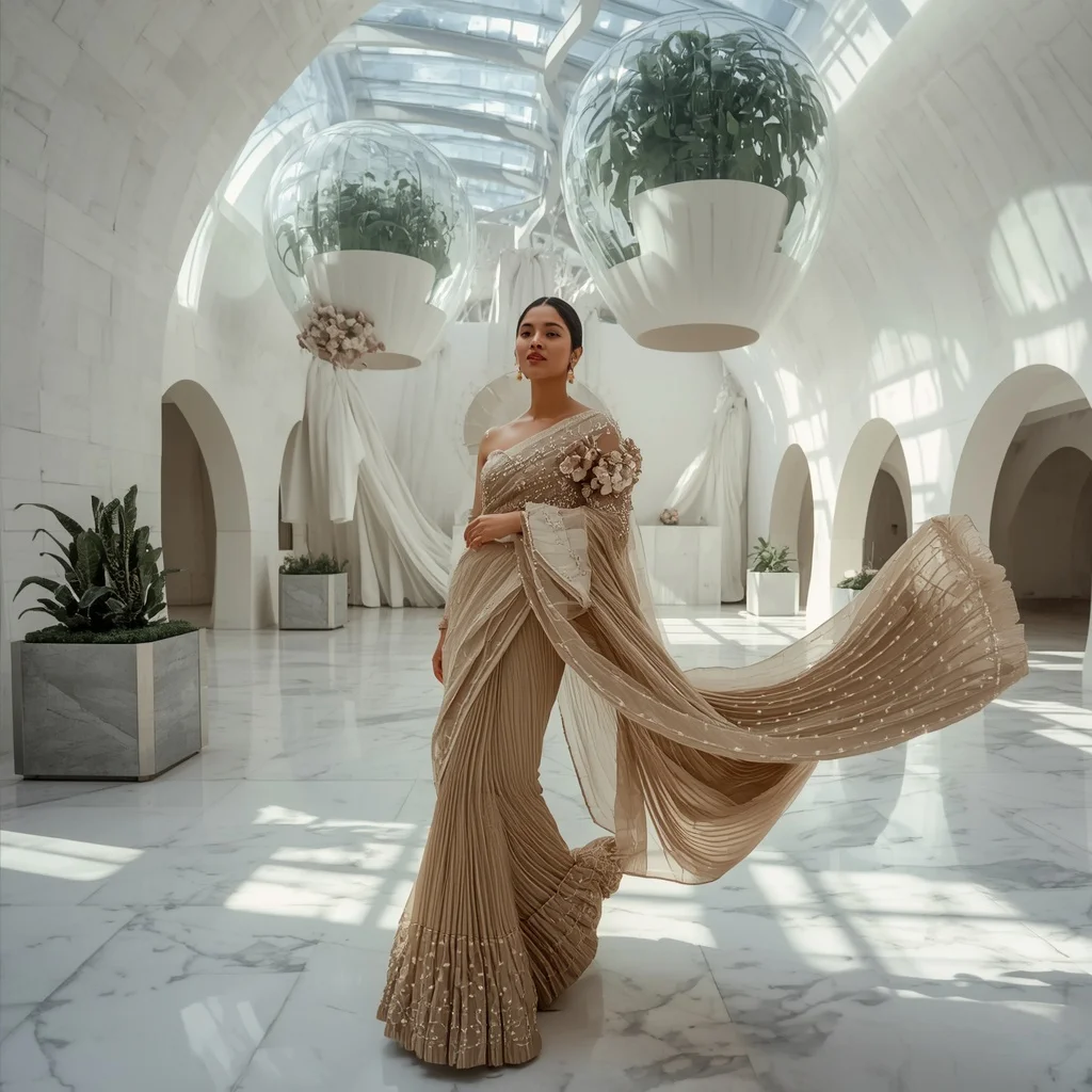 Floating Botanical Infinity Saree – Ultra Luxury Architectural Couture Editorial Fashion Masterpiece | saree prompt for gemini girl instagram - Traditional Banarasi Tissue Saree AI Image Prompts for Subtle Shine AI Prompt