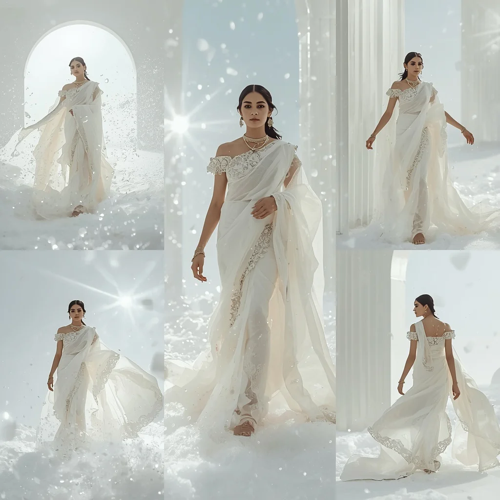 Floating Liquid Silver Snow With Festival Saree | ai prompt text generator - New 10 Traditional Young Girl Saree AI Prompts for School Graduation Photos AI Prompt