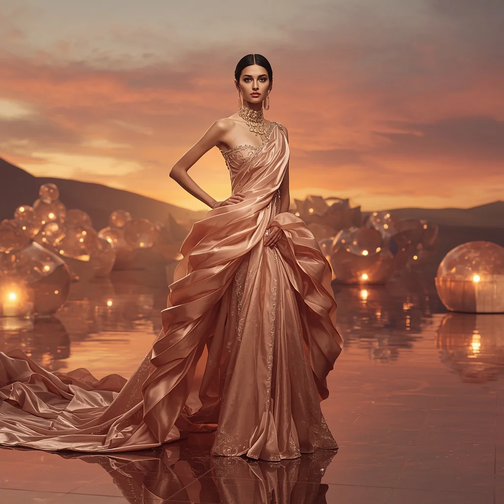 Floating Lotus Armor Festival Saree with Luxury Sunset Glass Desert and Editorial Queen Pose | saree prompt chatgpt - Artistic Ajrakh Print Saree AI Prompts for Cultural Storytelling AI Prompt