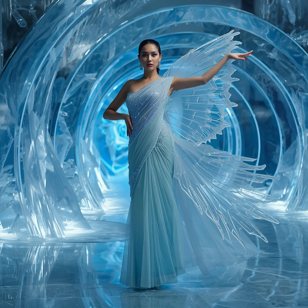 Frozen Butterfly Crystal Saree with Neon Ice Neon Kingdom | prompt for gemini ai girl style trending instagram copy and paste - Ethereal Pastel Ombre Saree AI Image Prompts for Dreamy Aesthetics AI Prompt
