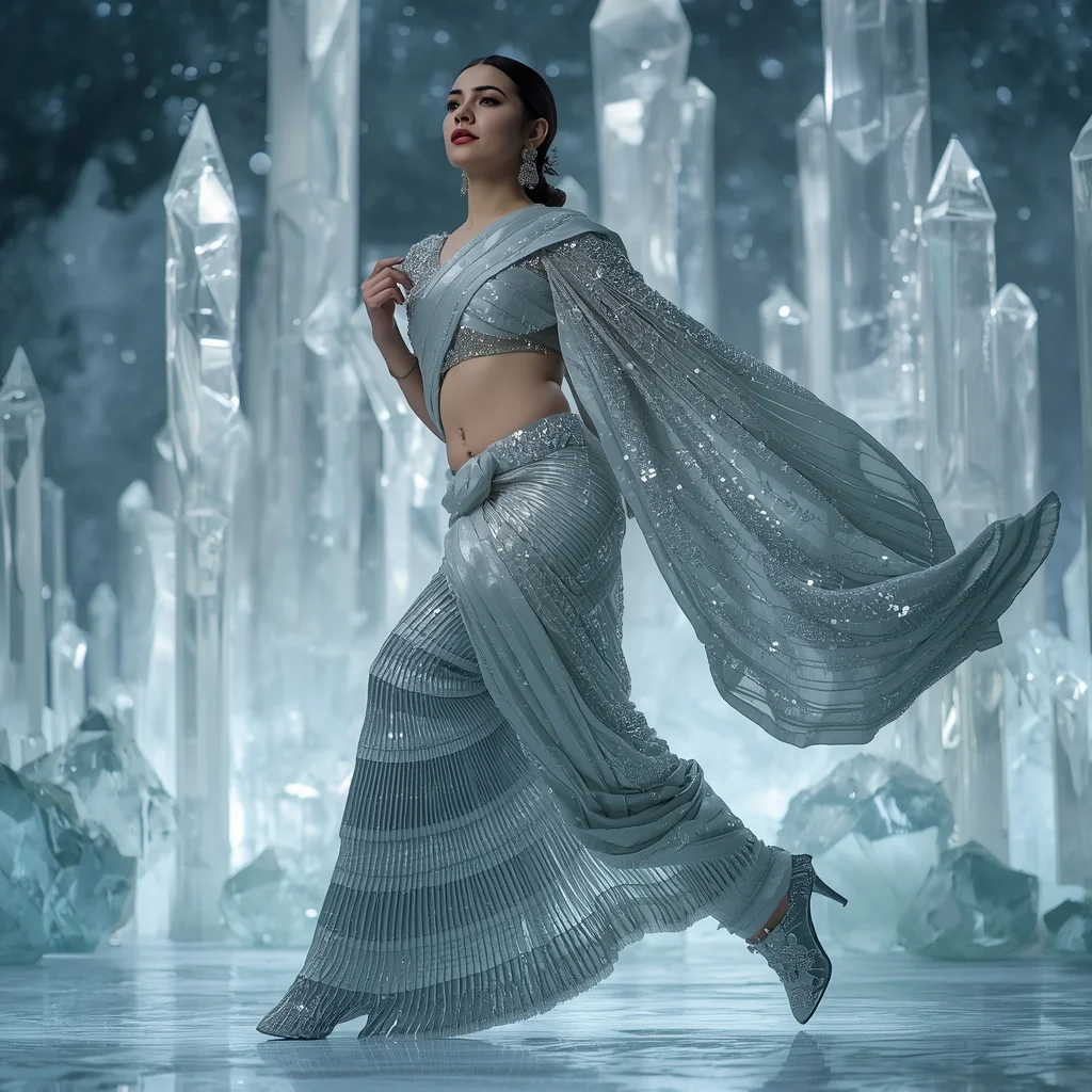Frozen Diamond Ice Dynasty Saree with Crystal Fortress Halo Kingdoms | prompt for Gemini girl in saree Instagram - Top 10 Charming Teen Saree AI Image Prompts for Volunteering at Animal Shelters AI Prompt