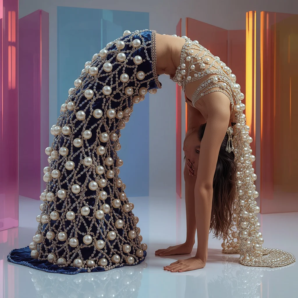 Full Body Dense Pearl Encrusted Velvet Saree Arch Back Pose | prompt for gemini girl in saree instagram - Classic Cotton Silk Saree AI Image Prompts for Elegant Comfort AI Prompt