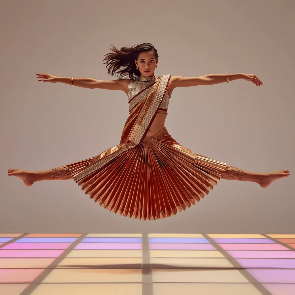 Full Body Heavy 3D Architectural Pleat Saree Mid-Air Leap | trending peacock saree prompt - Classic Cotton Silk Saree AI Image Prompts for Elegant Comfort AI Prompt