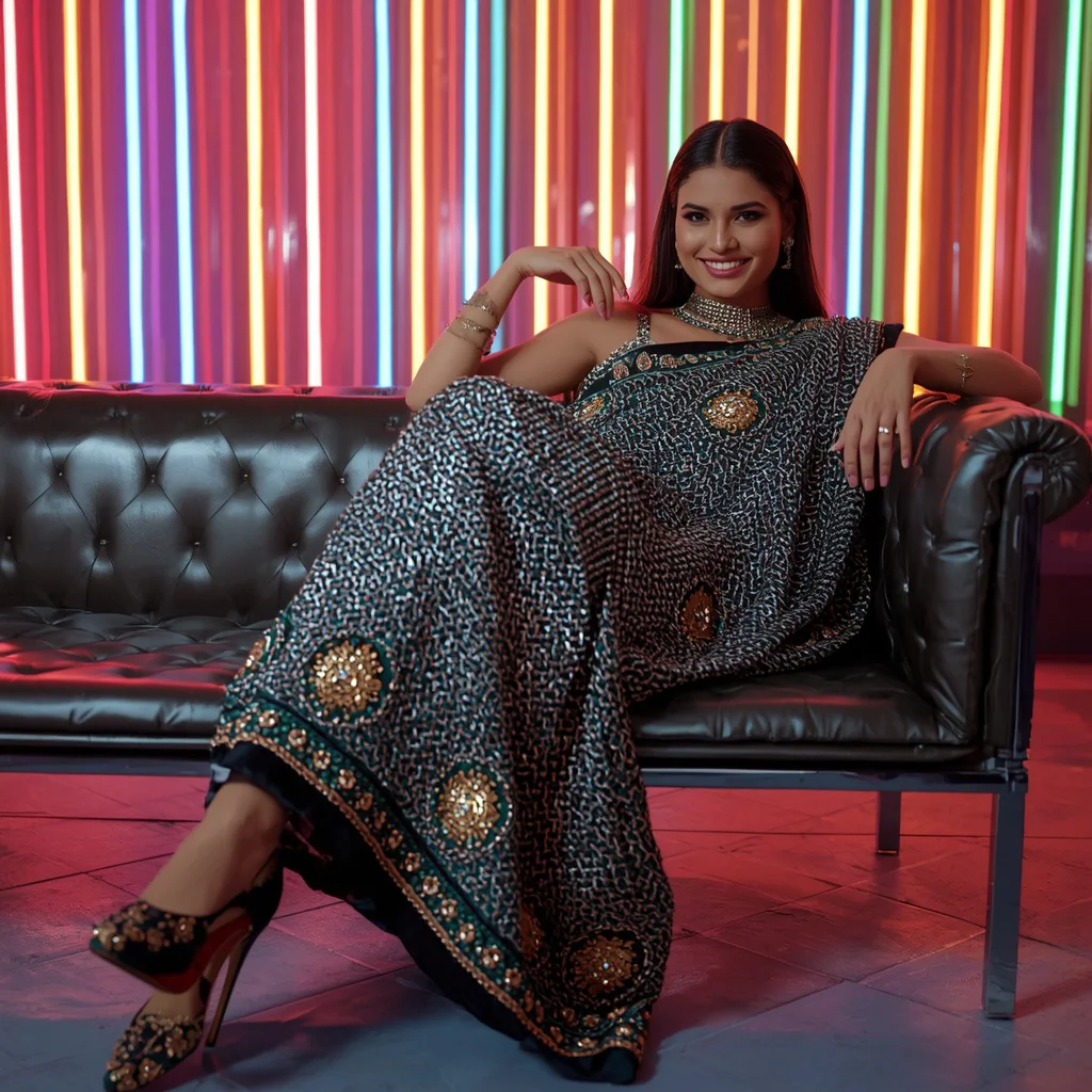 Full Body Hyper-Complex Chainmail Draped Saree Couch Slouch | prompt trending girl - Classic Cotton Silk Saree AI Image Prompts for Elegant Comfort AI Prompt