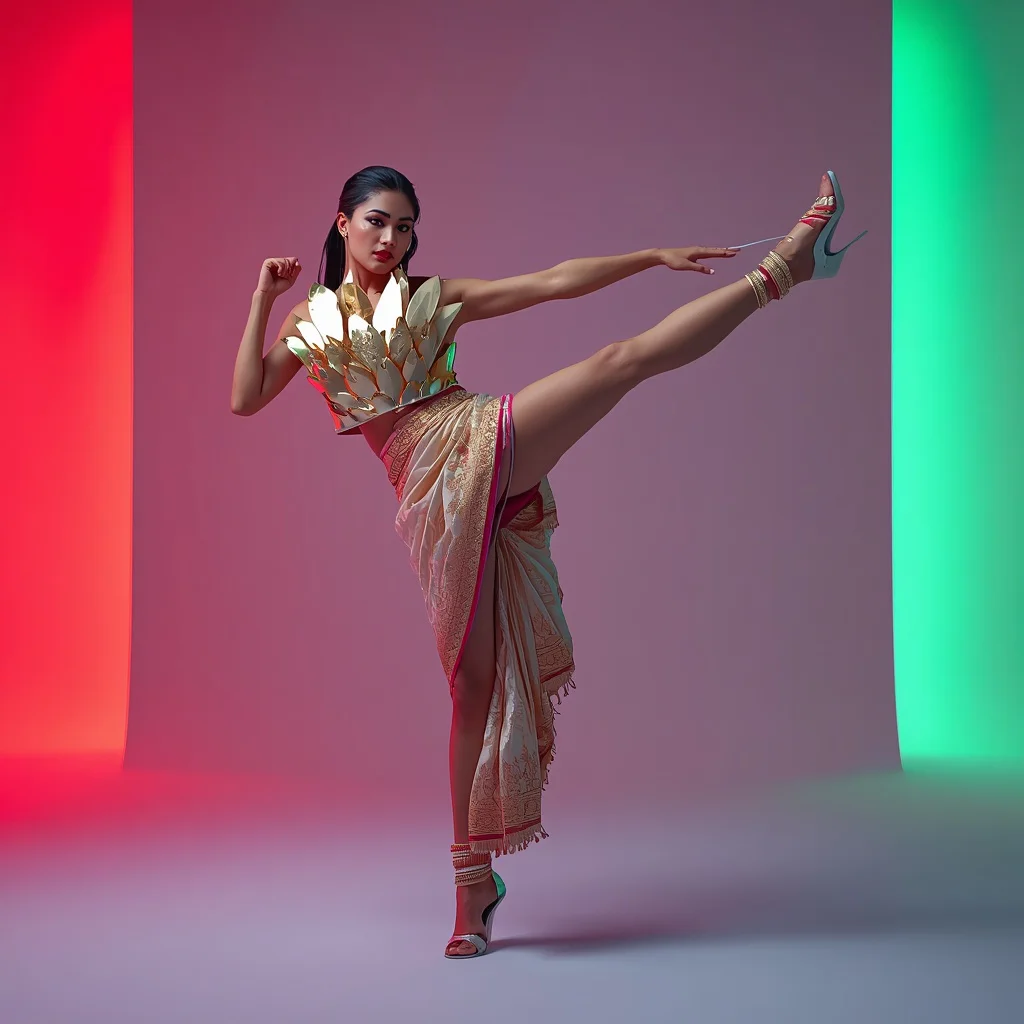 Full Body Massive 3D Metallic Lotus Saree High Kick | new ai prompt girl - Classic Cotton Silk Saree AI Image Prompts for Elegant Comfort AI Prompt