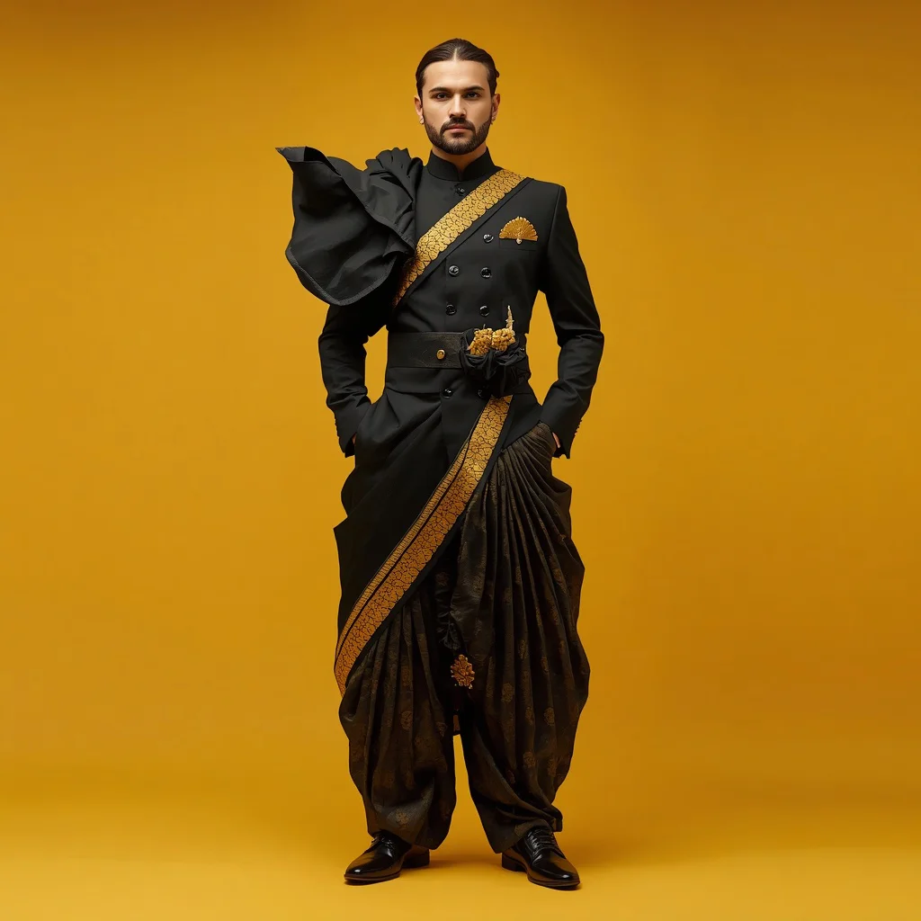 Gender-Fluid High-Concept Tailored Saree-Suit | aesthetic saree ai prompt - Glamorous Net Embroidered Saree AI Prompts for Sparkling Occasions AI Prompt