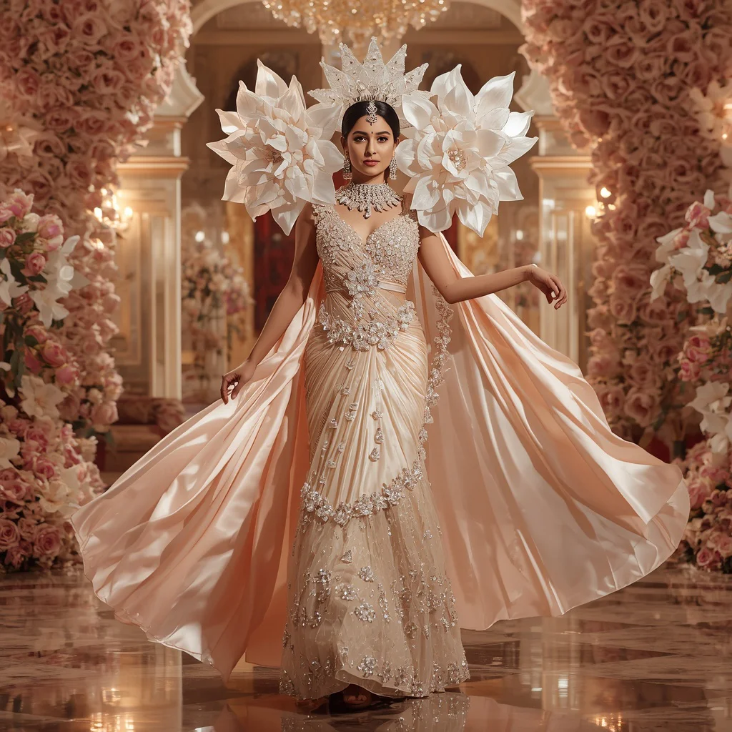 Giant Crystal Crown Flower Saree with Royal Bloom Palace | traditional saree prompt in english pdf - Glamorous Organza Ruffle Saree AI Prompts for High Fashion Events AI Prompt