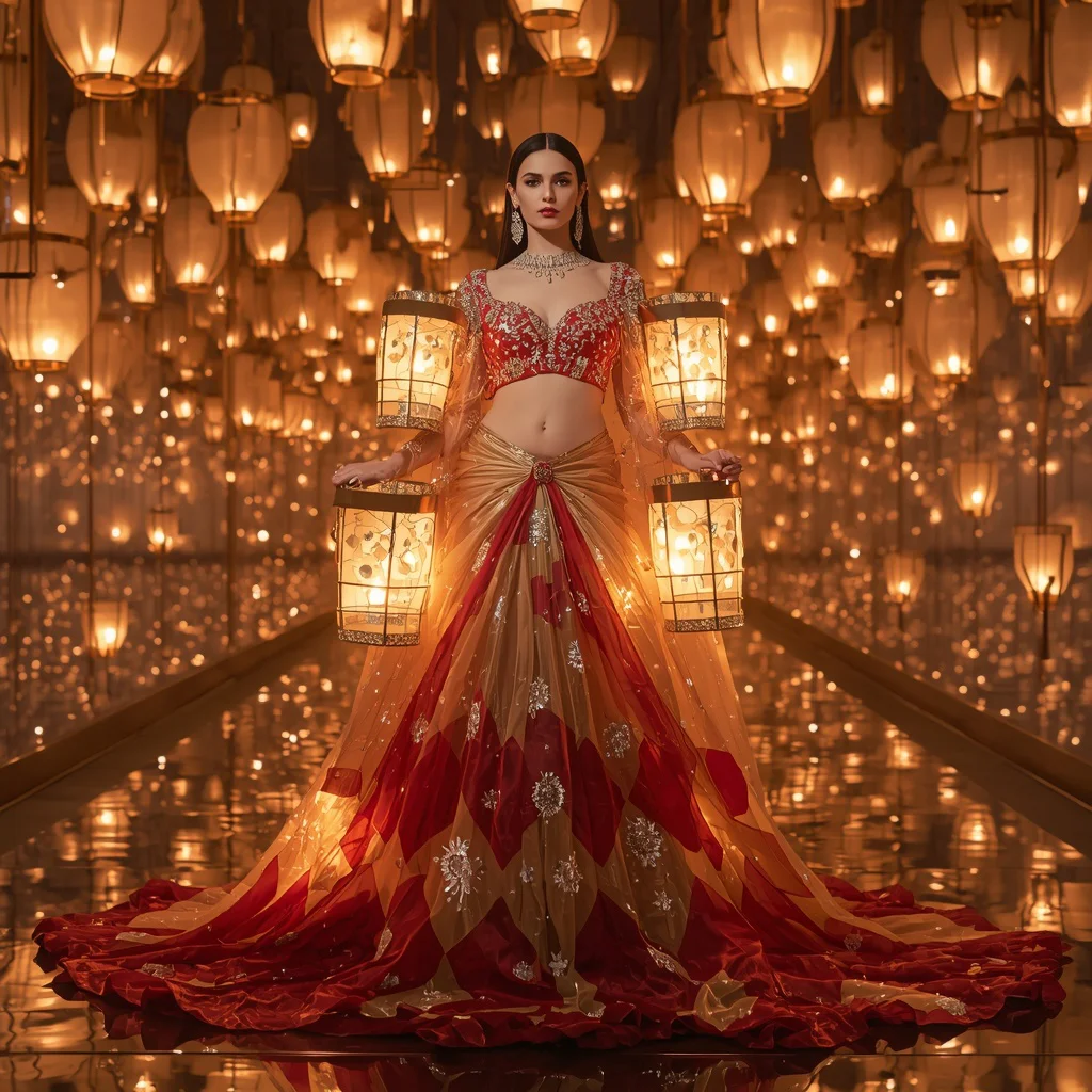 Giant Luxury Lantern Festival Saree with Floating Light Sculptures | chatgpt photo editing prompts for girl - Glamorous Organza Ruffle Saree AI Prompts for High Fashion Events AI Prompt