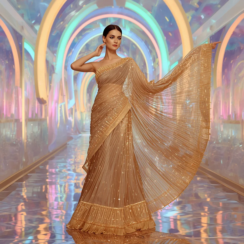 Golden Aurora Mirror Saree with Floating Rainbow Crystal Palace | indian saree ai prompt - Modern Printed Linen Saree AI Prompts for Everyday Chic AI Prompt