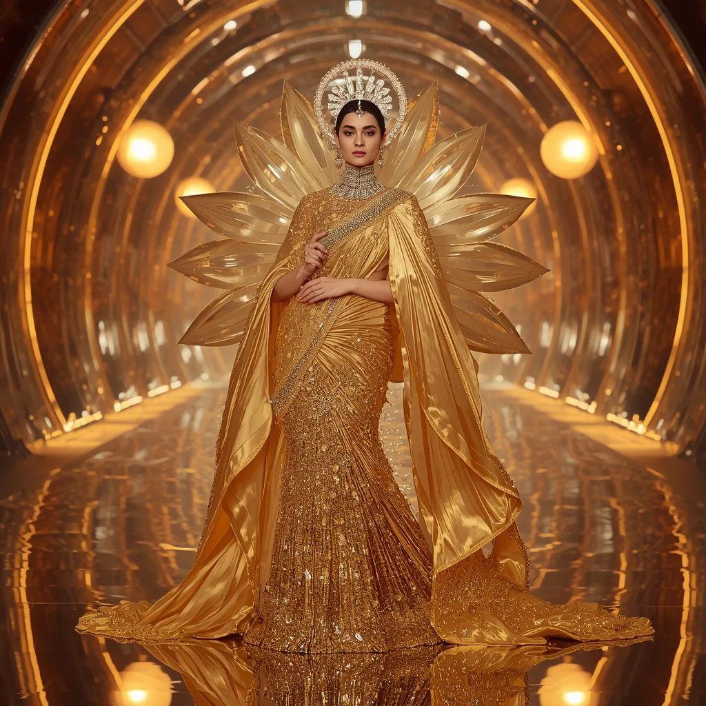 Golden Lotus Halo Saree with Floating Solar Mirror Palace | new chat gpt prompt trend - Ethereal Pastel Ombre Saree AI Image Prompts for Dreamy Aesthetics AI Prompt