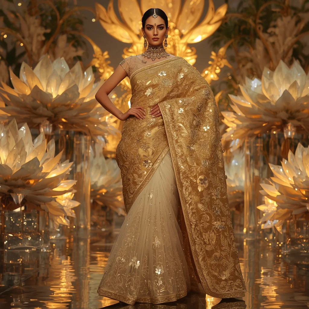 Golden Lotus Symphony Saree with Floating Crystal Garden Thrones | prompt for girl In saree pic ChatGPT - Best 10 Serene Child Saree AI Prompts for Mountain View Photography AI Prompt