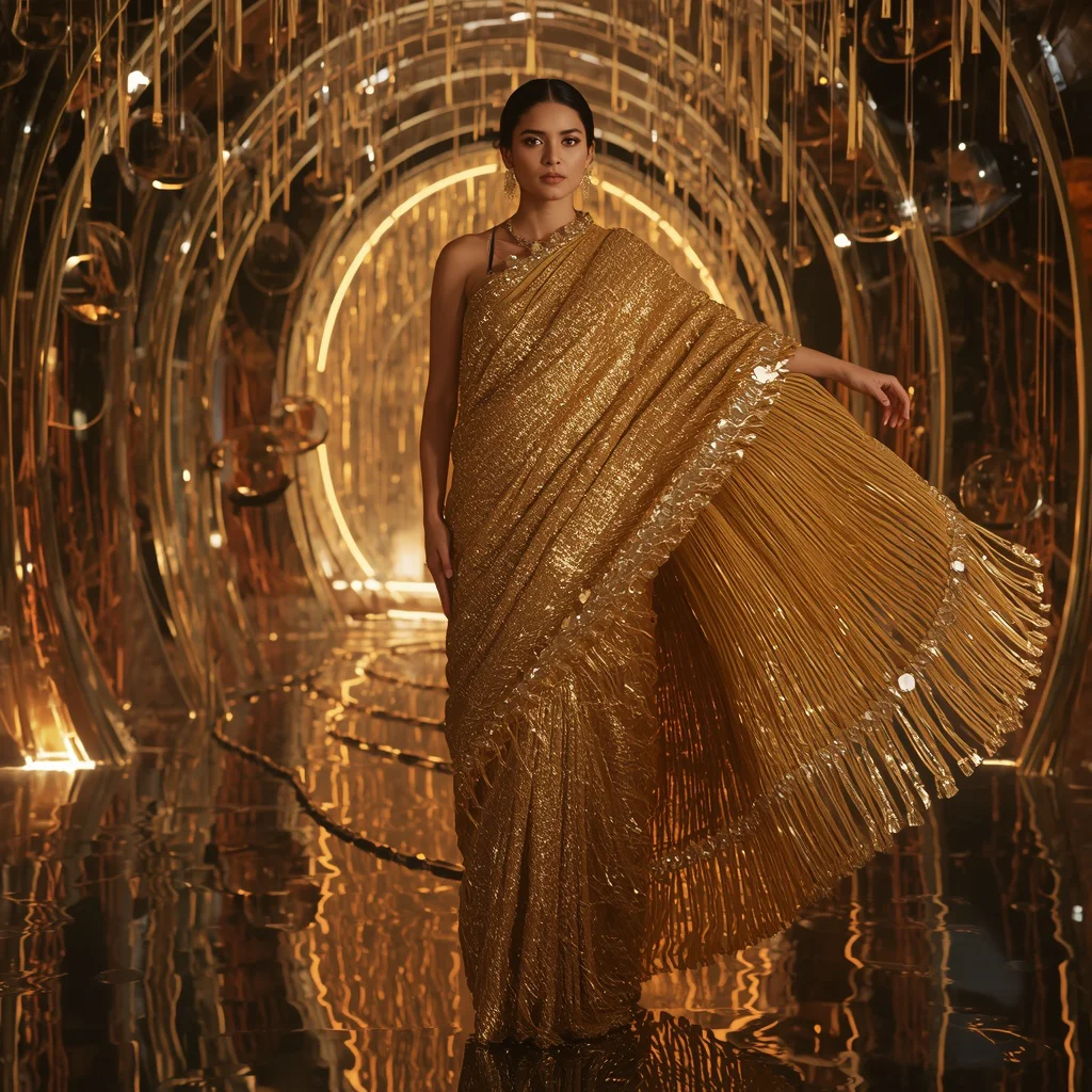 Golden Rainfall Mirror Saree with Floating Crystal Galaxy Fortress | new instagram trend prompt for girl - Ethereal Pastel Ombre Saree AI Image Prompts for Dreamy Aesthetics AI Prompt