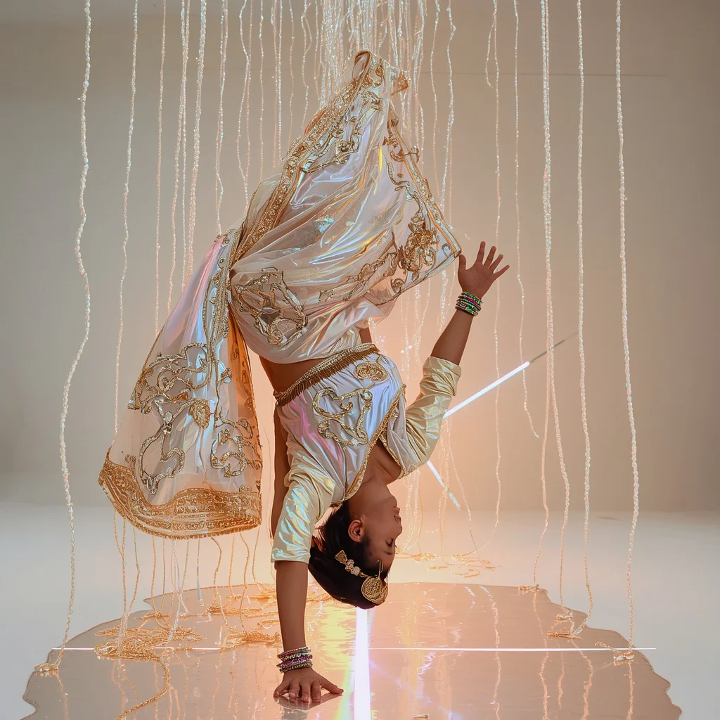 Holographic Pearl Cascade Saree Inverted Ceiling Drop Strike | prompt for girls ChatGPT - Best 10 Artistic Child Saree AI Prompts for Pop-Up Book Illustrations AI Prompt