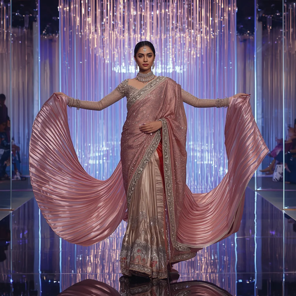 Hyper Luxury Festival Saree with Giant Glass Ribbon Curtains and Contemporary Glow Hall | prompt generator from image - Artistic Ajrakh Print Saree AI Prompts for Cultural Storytelling AI Prompt