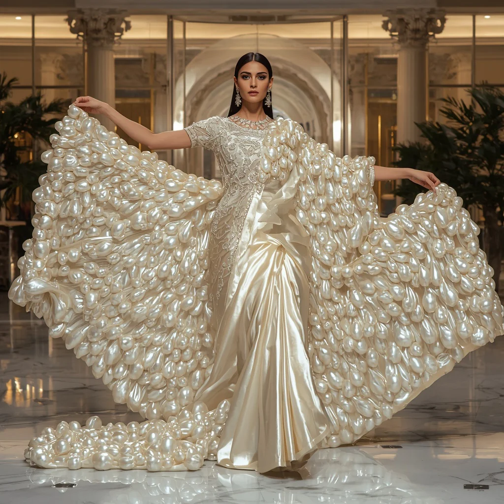 Hyper Luxury Festival Saree with Giant Liquid Pearl Draping and Moonlight Glow Atrium | best ai prompts for images - Artistic Ajrakh Print Saree AI Prompts for Cultural Storytelling AI Prompt