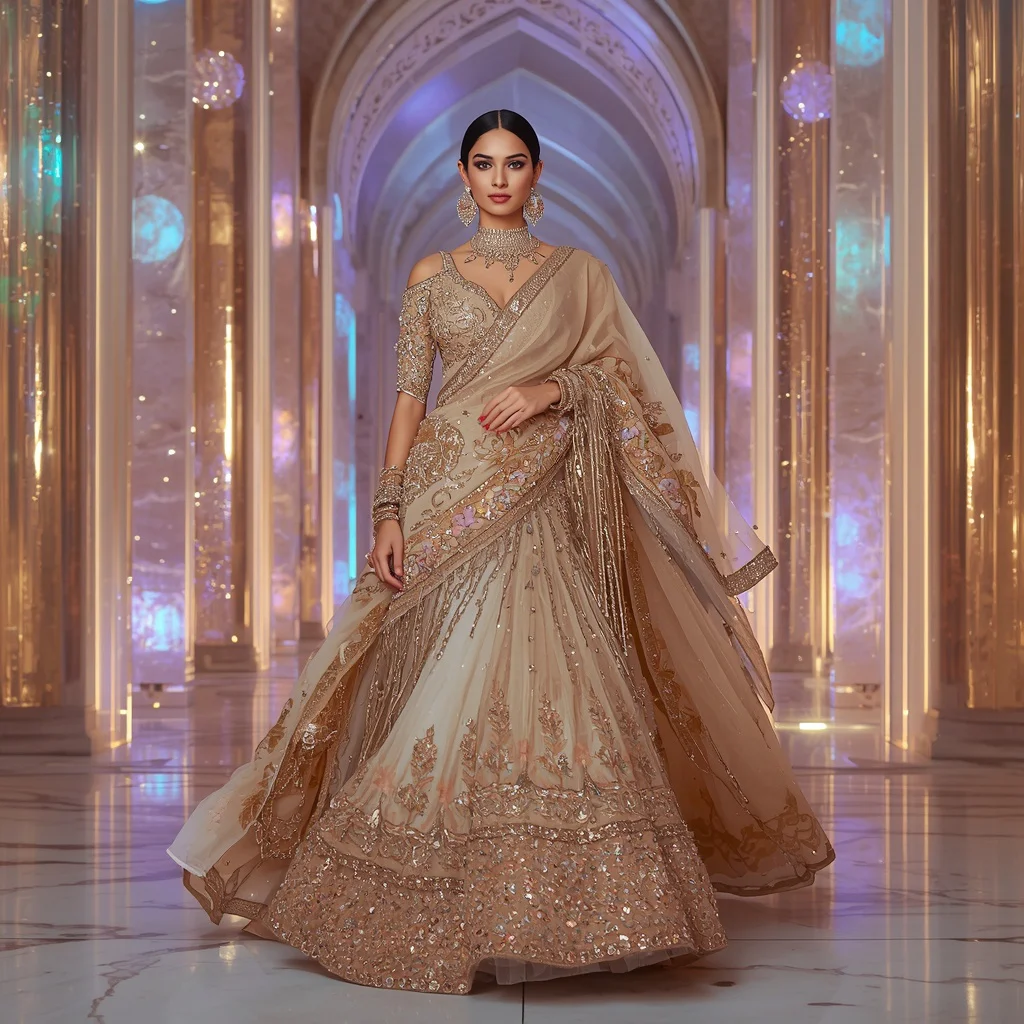 Imperial Champagne Crystal Cascade Saree with Floating Aurora Palace Atrium | best saree prompt for gemini girl - New 10 Traditional Young Girl Saree AI Prompts for Cultural Storytelling AI Prompt