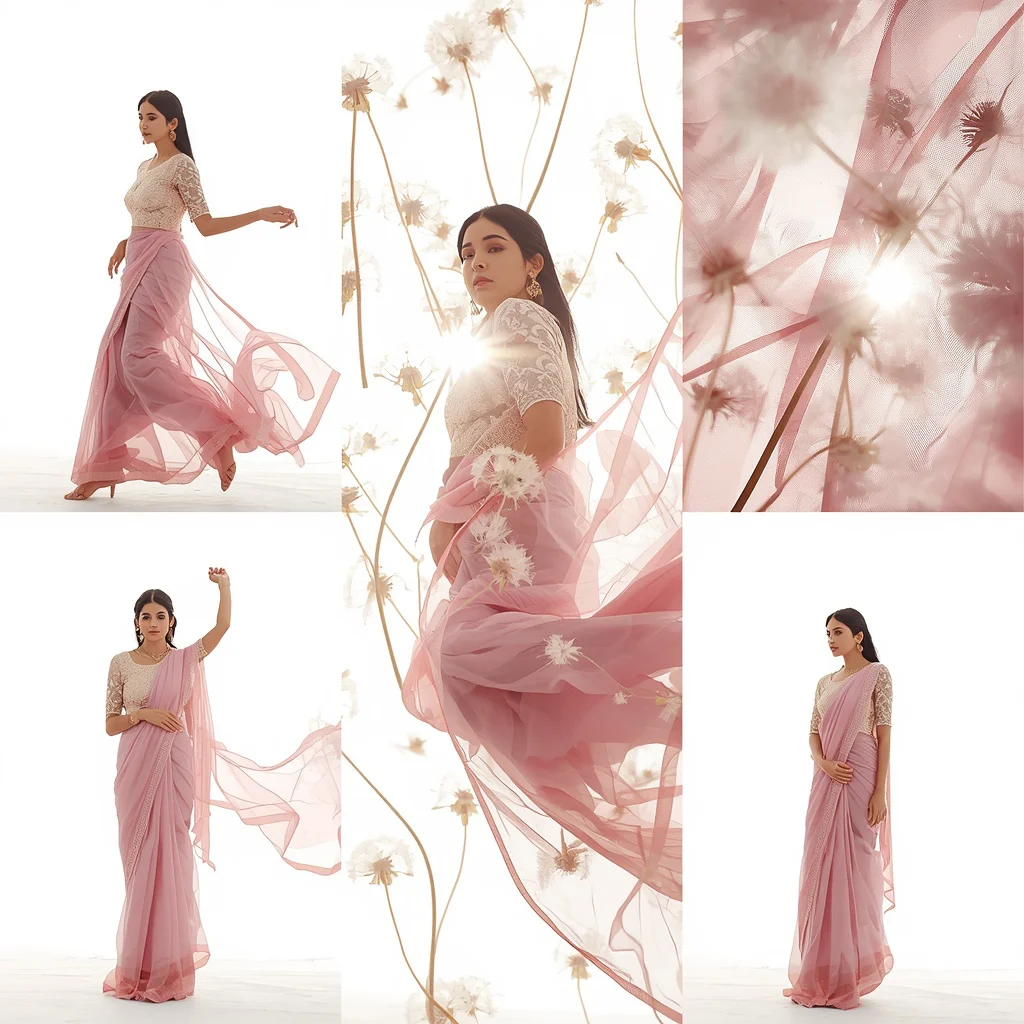 Luminous Sheer Chiffon Dandelions and Festive Fancy Saree | retro style prompt for gemini girl in saree instagram - New 10 Traditional Young Girl Saree AI Prompts for School Graduation Photos AI Prompt